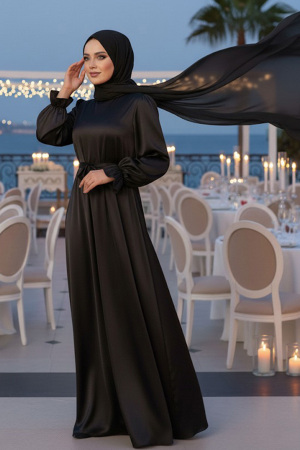 Saten Siyah Tesettür Elbise 62132S - 1