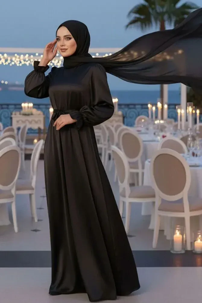 Saten Siyah Tesettür Elbise 62132S - 1