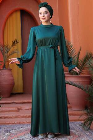 Saten Zümrüt Yeşili Tesettür Elbise 62132ZY - 2