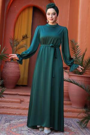 Saten Zümrüt Yeşili Tesettür Elbise 62132ZY - 3