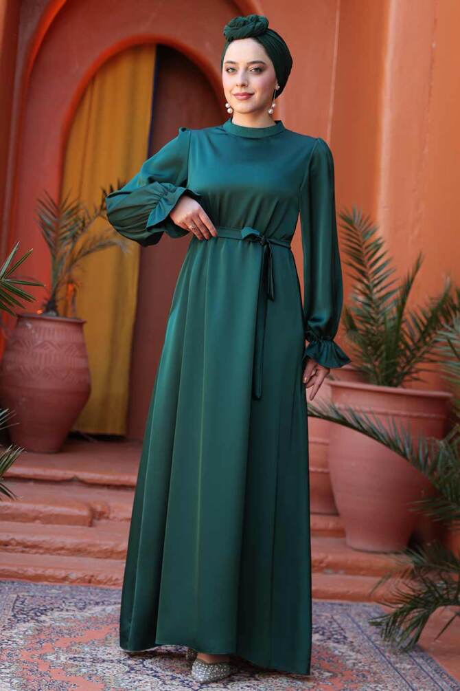 Saten Zümrüt Yeşili Tesettür Elbise 62132ZY - 4