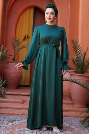 Saten Zümrüt Yeşili Tesettür Elbise 62132ZY - 5