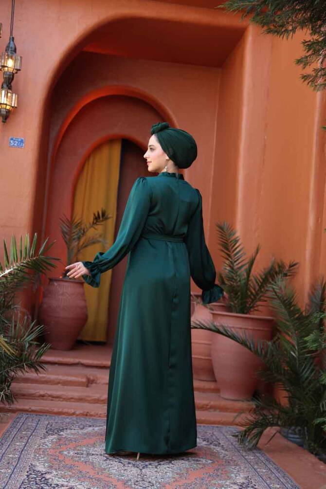 Saten Zümrüt Yeşili Tesettür Elbise 62132ZY - 6