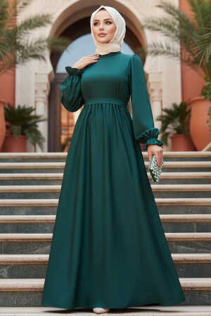 Saten Zümrüt Yeşili Tesettür Elbise 62132ZY - 1