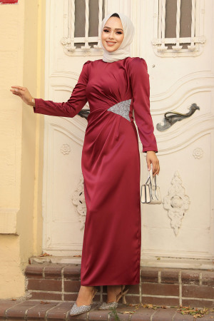 Satin Claret Red Muslim Bridal Dress 5940BR - 1