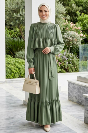 Satin Crepe Almond Green Pleated Modest Dress 95704CY - 1