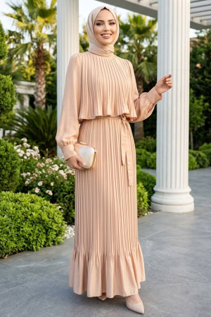 Satin Crepe Biscuit Pleated Modest Dress 95704BS 