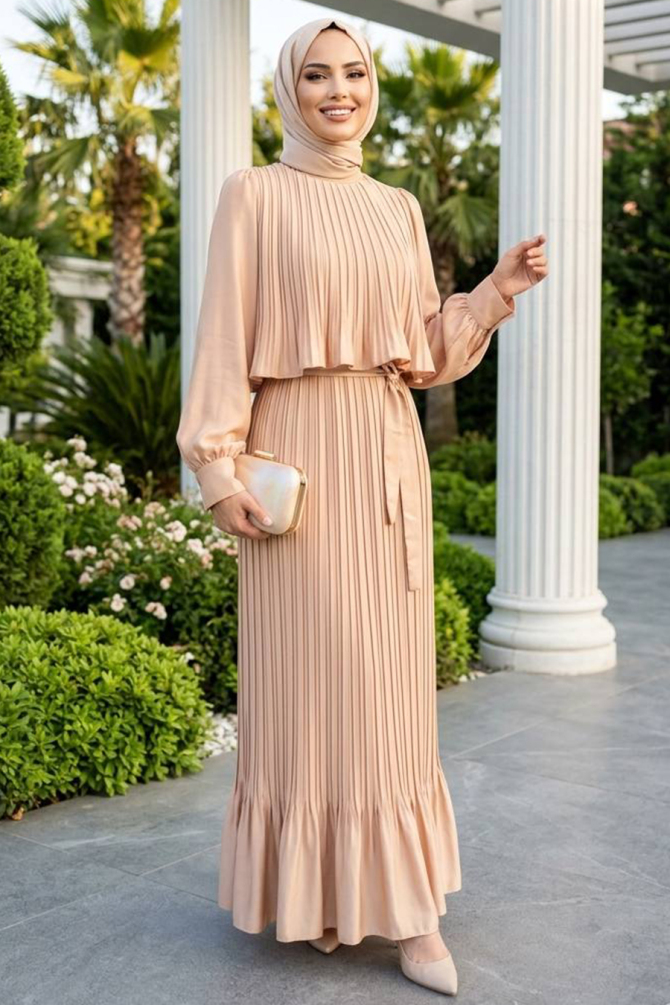 Satin Crepe Biscuit Pleated Modest Dress 95704BS - 1