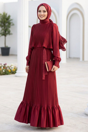 Satin Crepe Burgundy Pleated Modest Dress 95704BR 