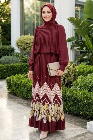 Satin Crepe Koyu Burgundy Patterned Pleated Modest Dress 95710KBR - 1