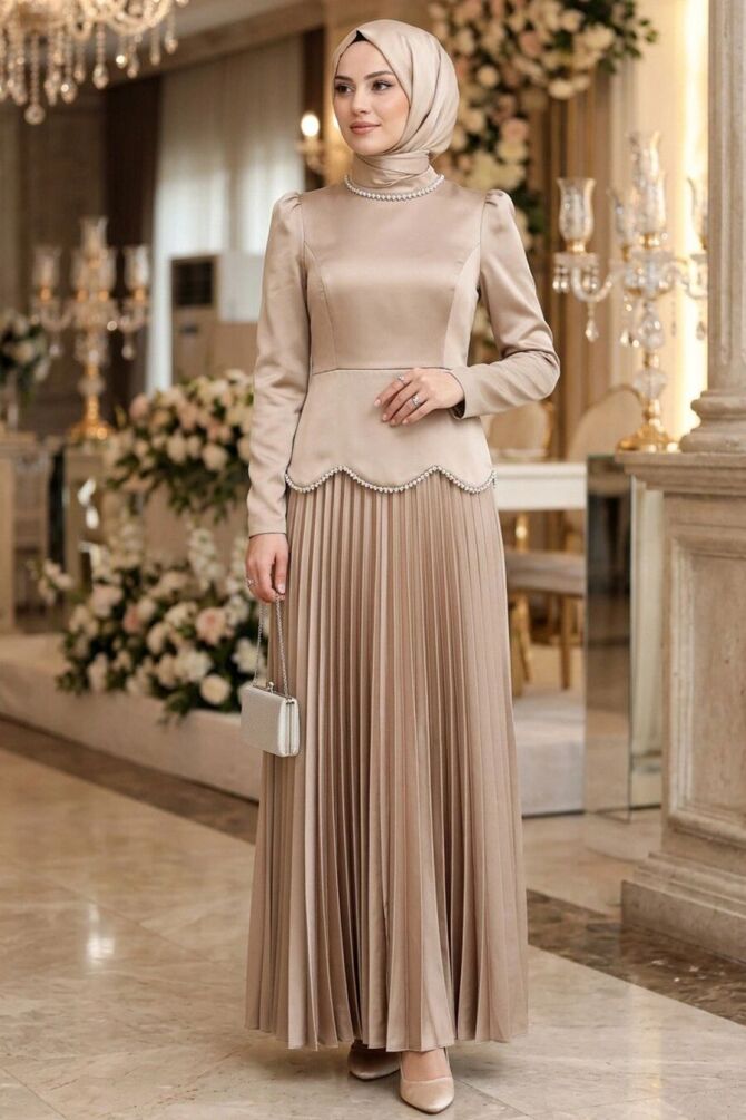 Satin Dark Beige Modest Evening Dress 5462KBEJ - 1