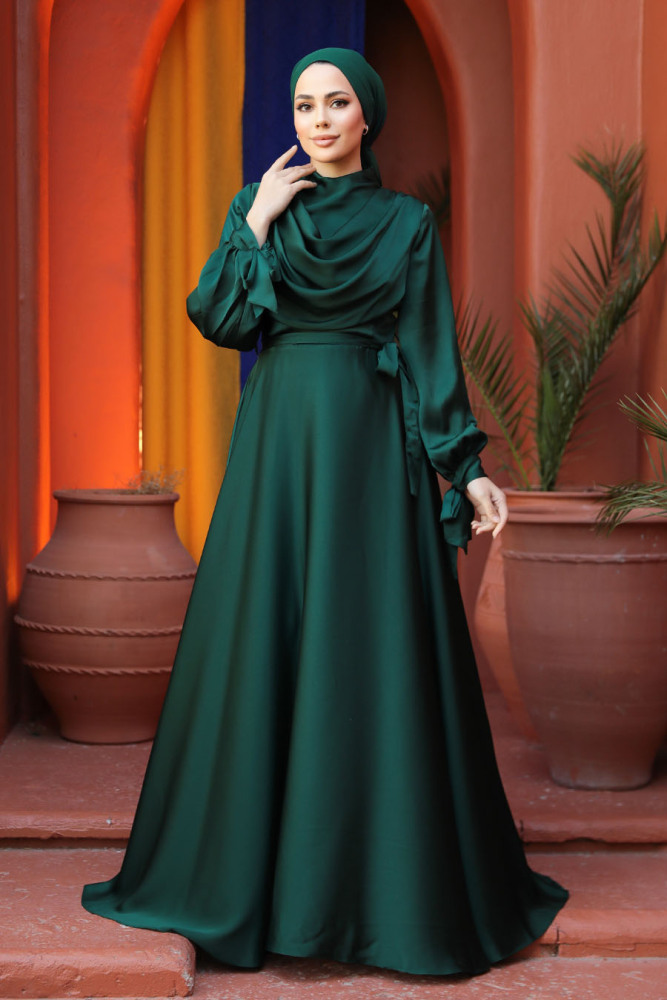 Satin Emerald Green Islamic Long Sleeve Maxi Dress 38031ZY - 1