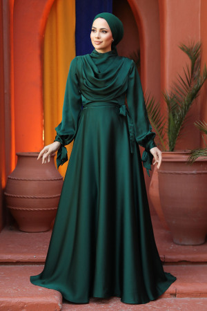 Satin Emerald Green Islamic Long Sleeve Maxi Dress 38031ZY - 2