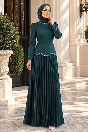 Satin Emerald Green Modest Evening Dress 5462ZY - 1