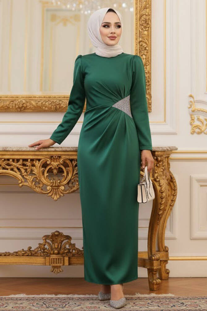 Satin Green Muslim Bridal Dress 5940Y - 1