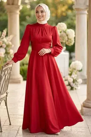 Satin Red Modest Evening Dress 6297K - 1