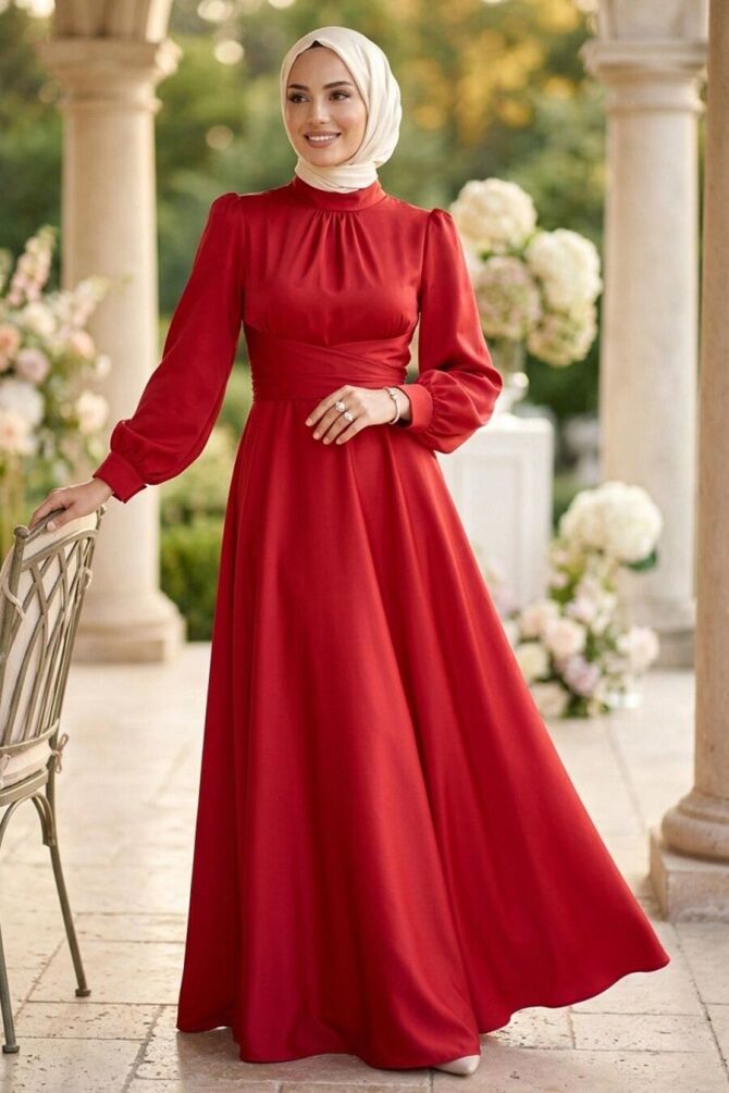 Satin Red Modest Evening Dress 6297K - 1