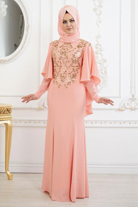 Saumon -Tesettürlü Abiye Elbise- Robe de Soirée 81201SMN - 2