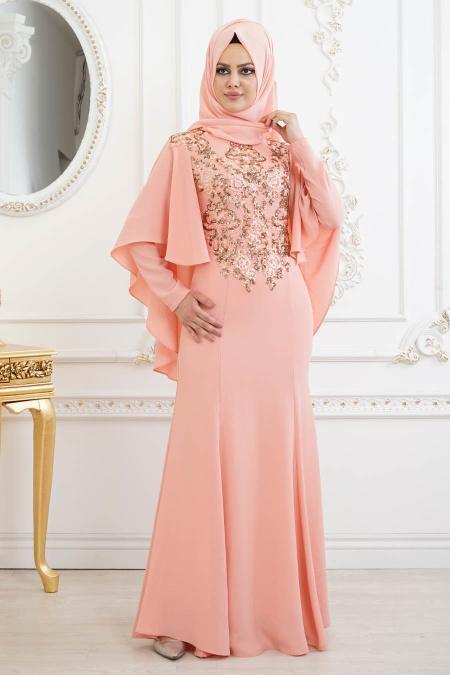 Saumon -Tesettürlü Abiye Elbise- Robe de Soirée 81201SMN - 3