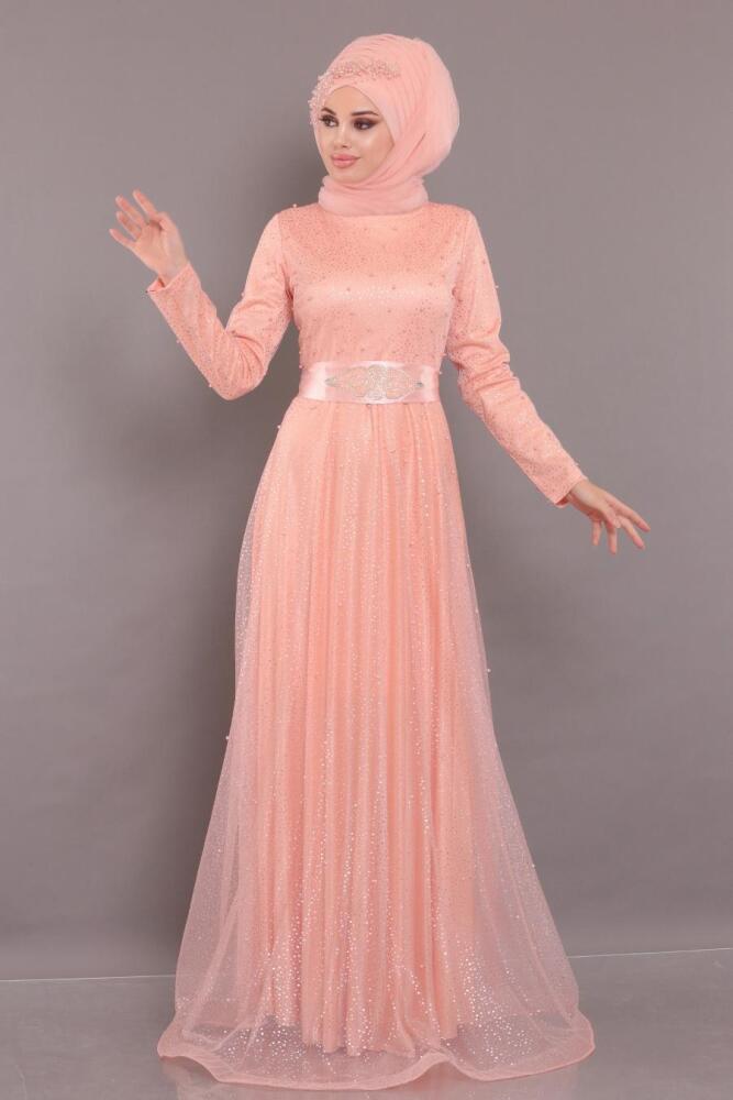 Saumon-Tesettürlü Abiye Elbise - Robe de Soirée Hijab 31470SMN - 1