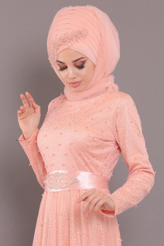 Saumon-Tesettürlü Abiye Elbise - Robe de Soirée Hijab 31470SMN - 2