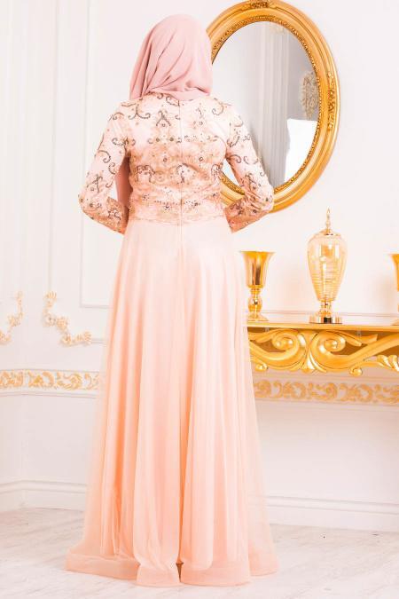Saumon-Tesettürlü Abiye Elbise - Robe de Soirée Hijab 31750SMN - 2