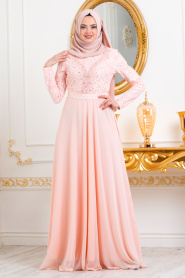 Saumon-Tesettürlü Abiye Elbise - Robe de Soirée Hijab 3291SMN - Thumbnail
