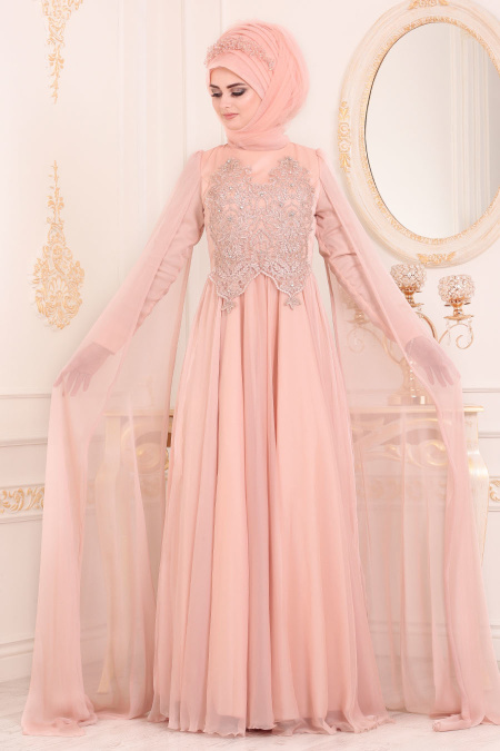 Saumon-Tesettürlü Abiye Elbise - Robe de Soirée Hijab 3626SMN
