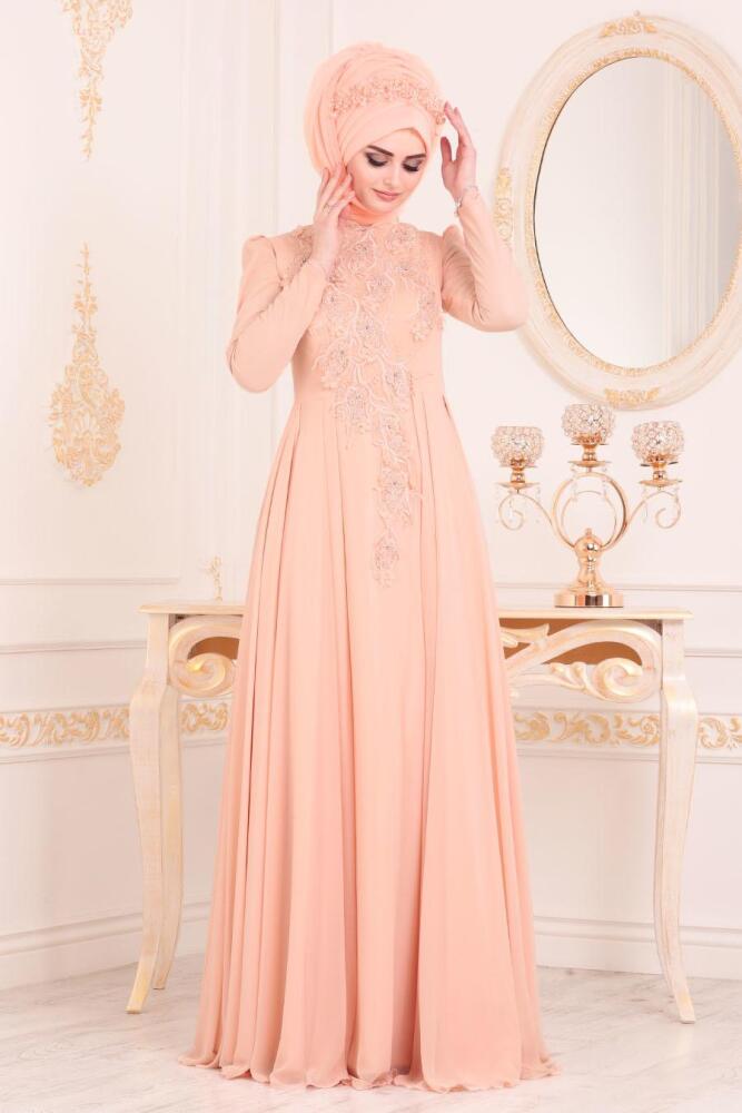 Saumon-Tesettürlü Abiye Elbise - Robe de Soirée Hijab 3705SMN - 2