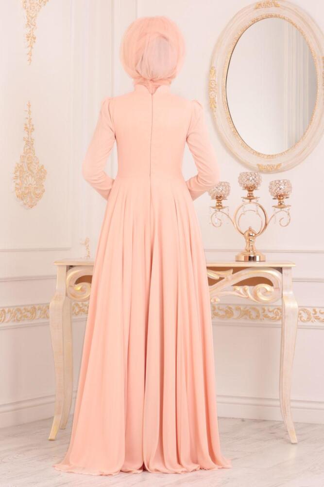 Saumon-Tesettürlü Abiye Elbise - Robe de Soirée Hijab 3705SMN - 3