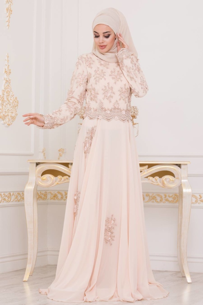 Saumon - Tesettürlü Abiye Elbise - Robe de Soirée Hijab 43961SMN - 1
