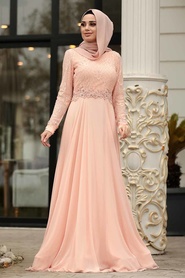 Saumon-Tesettürlü Abiye Elbise - Robe de Soirée Hijab 4583SMN - Thumbnail