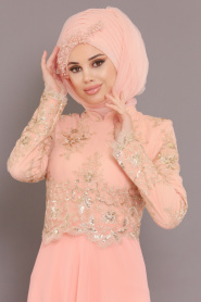 Saumon-Tesettürlü Abiye Elbise - Robe de Soirée Hijab 7661SMN - Thumbnail