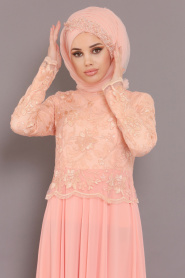 Saumon - Tesettürlü Abiye Elbise - Robe de Soirée Hijab 80650SMN - Thumbnail