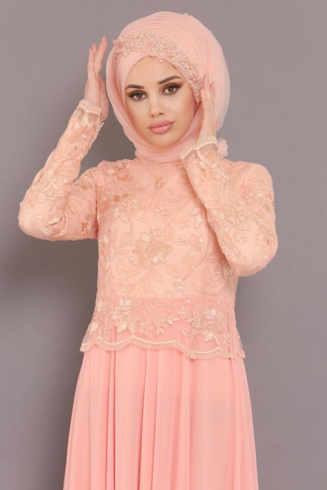 Saumon - Tesettürlü Abiye Elbise - Robe de Soirée Hijab 80650SMN - 2