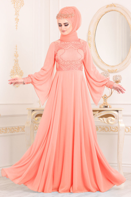 Saumon - Tesettürlü Abiye Elbise - Robe de Soirée Hijab 8088SMN
