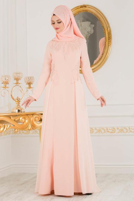 Saumon - Tesettürlü Abiye Elbise - Robes de Soirée 20331SMN - 2