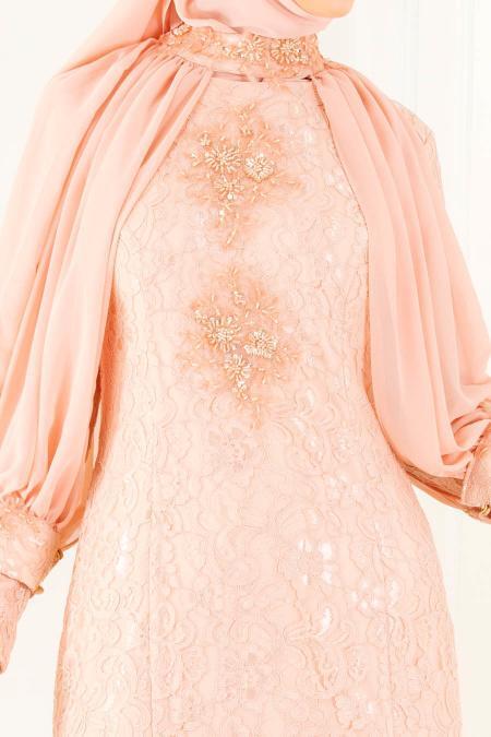 Saumon - Tesettürlü Abiye Elbise - Robes de Soirée 31281SMN - 3
