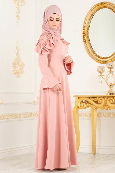 Saumon - Tesettürlü Abiye Elbise - Robes de Soirée 3633SMN - 2