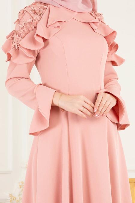 Saumon - Tesettürlü Abiye Elbise - Robes de Soirée 3633SMN - 4