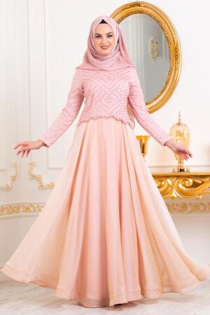 Saumon - Tesettürlü Abiye Elbise - Robes de Soirée Hijab 31260SMN - 1