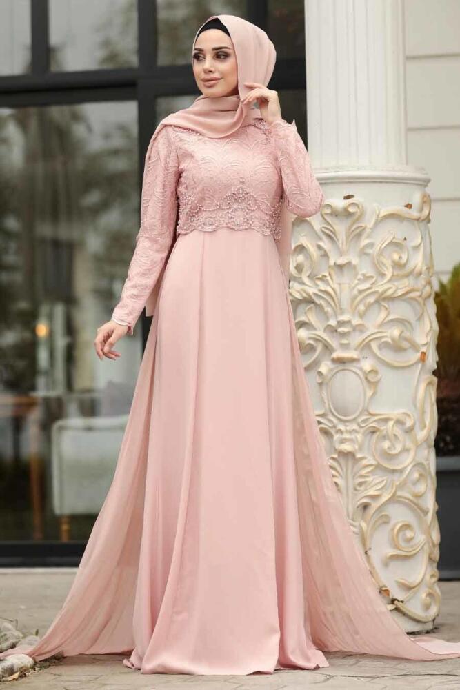 Saumonc - Tesettürlü Abiye Elbise - Robe de Soirée Hijab - 3873SMN - 1