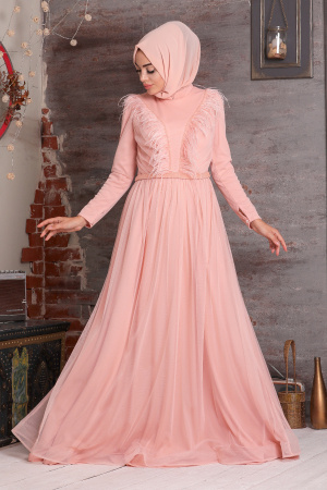 Saumonc - Tesettürlü Abiye Elbise - Robe de Soirée Hijab - 3959SMN - 1
