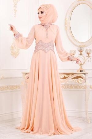 Saumonc - Tesettürlü Abiye Elbise - Robe de Soirée Hijab 4678SMN - 1