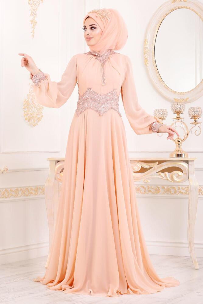 Saumonc - Tesettürlü Abiye Elbise - Robe de Soirée Hijab 4678SMN - 1