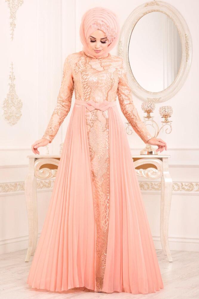 Saumonc -Tesettürlü Abiye Elbise -Robe de Soirée Hijab 8384SMN - 1