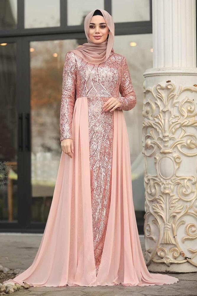 Saumonc - Tesettürlü Abiye Elbise - Robe de Soirée Hijab - 8698SMN - 2