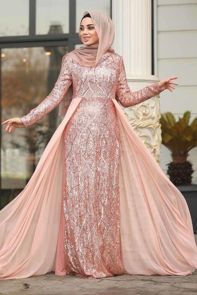 Saumonc - Tesettürlü Abiye Elbise - Robe de Soirée Hijab - 8698SMN - 1