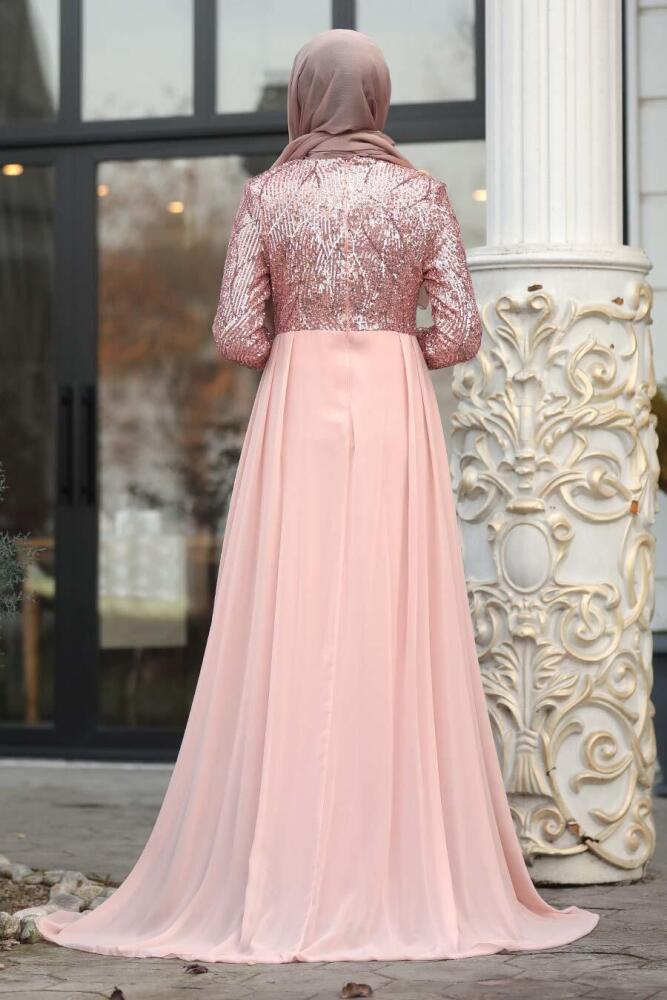 Saumonc - Tesettürlü Abiye Elbise - Robe de Soirée Hijab - 8698SMN - 3