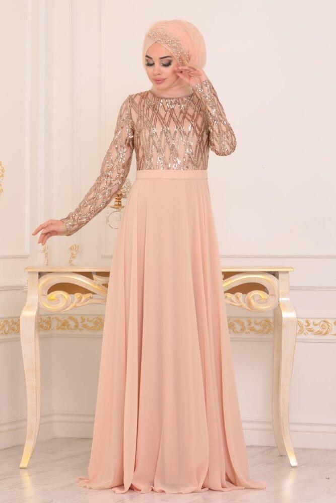 Saumonc - Tesettürlü Abiye Elbise - Robe de Soirée Hijab -8708SMN - 1